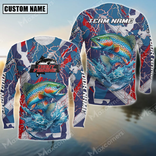 Maxcorner Trout Fishing Red, White And Blue Lightning Camo Pattern  Personalized 3D Long Sleeve Shirt