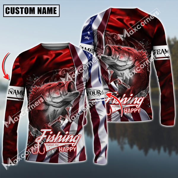 Maxcorner Bass Fishing Jersey Red Lightning Pattern Personalized 3D Long Sleeve Shirt