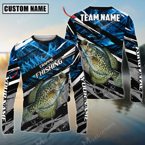 Maxcorner Crappie Fishing Blue Camo Pattern  Personalized 3D Long Sleeve Shirt