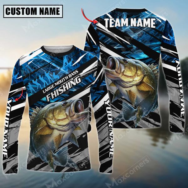 Maxcorner Large Mouth Bass Fishing Blue Camo Pattern  Personalized 3D Long Sleeve Shirt