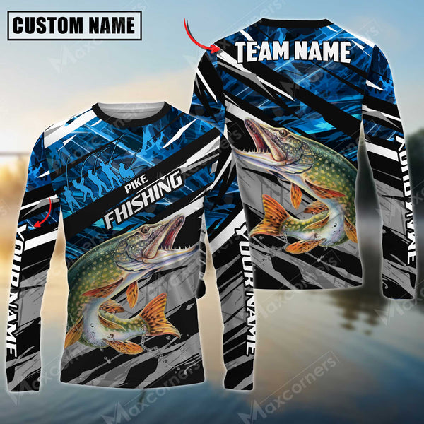 Maxcorner Pike Fishing Blue Camo Pattern  Personalized 3D Long Sleeve Shirt