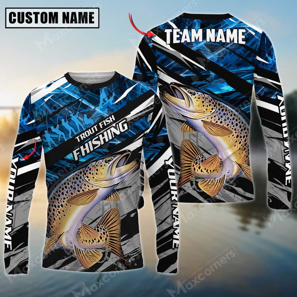 Maxcorner Trout Fishing Blue Camo Pattern  Personalized 3D Long Sleeve Shirt