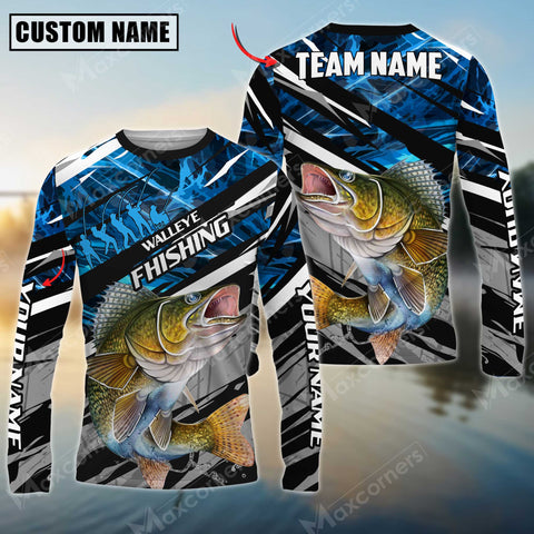 Maxcorner Walleye Fishing Blue Camo Pattern  Personalized 3D Long Sleeve Shirt