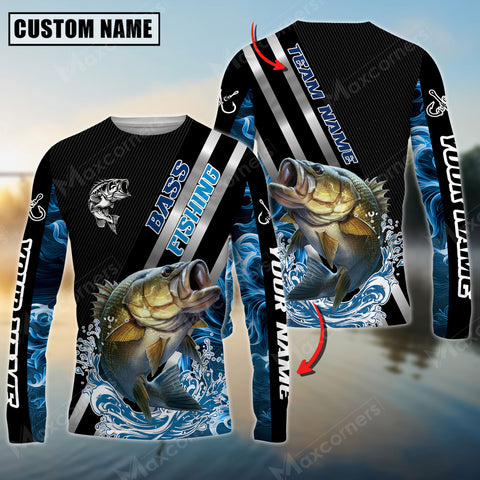 Maxcorner Bass Fishing Smoke Blue Line Pattern Personalized 3D Long Sleeve Shirt