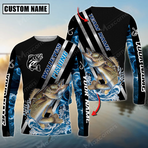 Maxcorner Walleye Fishing Smoke Blue Line Pattern Personalized 3D Long Sleeve Shirt