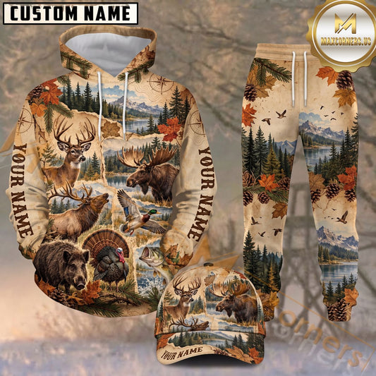 Maxcorners Wildlife Forest Animals Vintage Map Scrapbook Autumn Leaves Personalized Name Unisex 3D Shirt