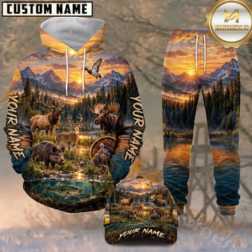 Maxcorners Mountain Wildlife Animals Sunset Lake Scenic Nature Landscape Personalized Name Unisex 3D Shirt
