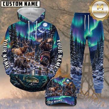 Maxcorners Northern Lights Hunter Forest Animals Wildlife Winter Personalized Name Unisex 3D Shirt