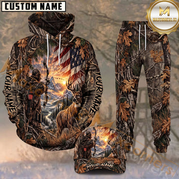 Maxcorners Bow Hunter Whitetail Deer Patriotic American Flag Camo Personalized Name Unisex 3D Shirt