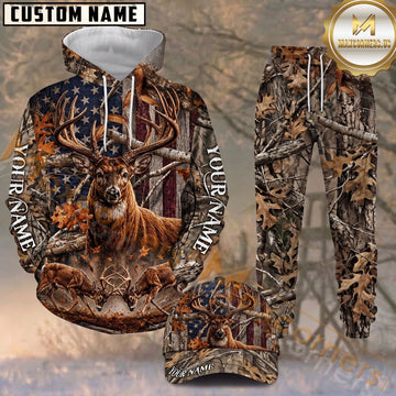 Maxcorners Whitetail Deer Fighting Bucks American Flag Oak Camo Personalized Name Unisex 3D Shirt