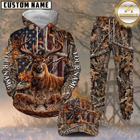 Maxcorners Whitetail Deer Fighting Bucks American Flag Oak Camo Personalized Name Unisex 3D Shirt