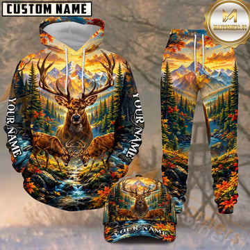 Maxcorners Majestic Whitetail Deer Mountain Stream Autumn Forest Personalized Name Unisex 3D Shirt