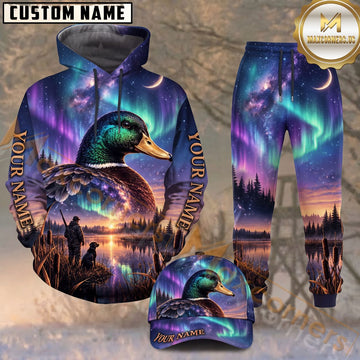 Maxcorners Waterfowl Hunter Mallard Duck Aurora Borealis Sunset Personalized Name Unisex 3D Shirt