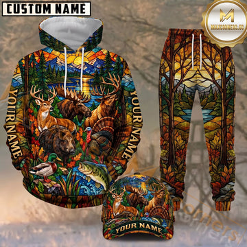 Maxcorners Stained Glass Wildlife Forest Mountain Landscape Animals Personalized Name Unisex 3D Shirt