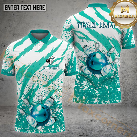 Maxcorners Bowling & Pins Splash Pattern Multicolor Option Customized Name, Team Name 3D Polo Shirt (4 Colors)