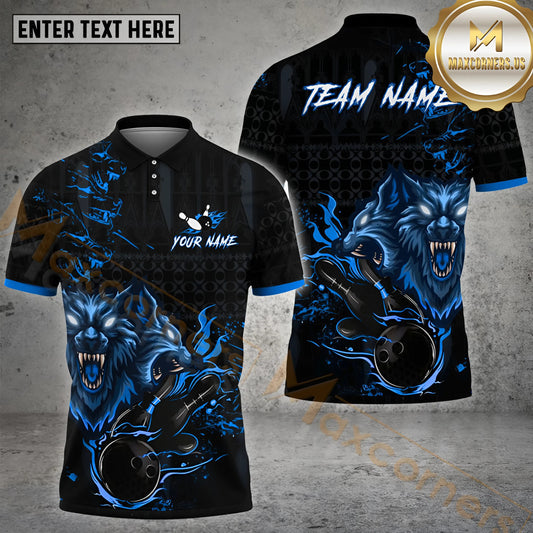 Maxcorners Bowling & Pins Wolf Flame Bowling Ball Pattern Multicolor Option Customized Name, Team Name 3D Polo Shirt (4 Colors)