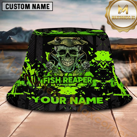 Maxcorners Fishing Reaper Skull Neon Green Personalized 3D Bucket Hat