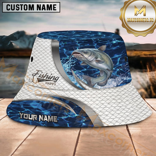 Maxcorners Fishing Blue Water Scale Pattern Personalized 3D Bucket Hat (12 Fish Species)