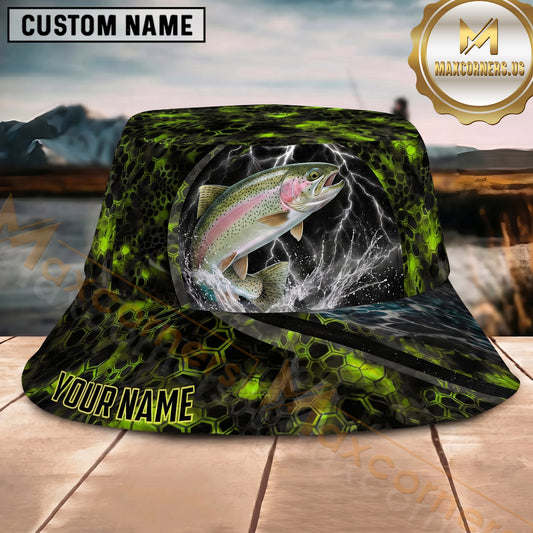 Maxcorners Fishing Green Honeycomb Lightning Personalized 3D Bucket Hat (12 Fish Species)