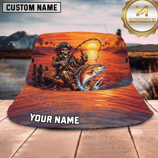 Maxcorners Fishing Pirate Sunset Angler Personalized 3D Bucket Hat (12 Fish Species)