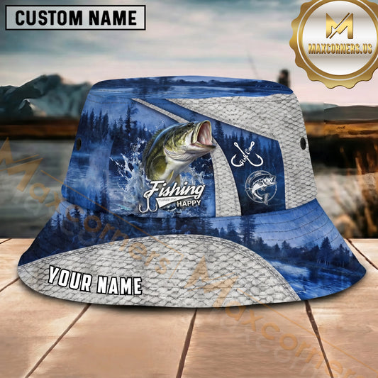 Maxcorners Fishing Blue Lake Scale Pattern Personalized 3D Bucket Hat (12 Fish Species)