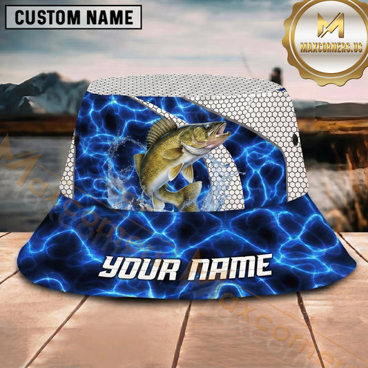 Maxcorners Fishing Electric Blue Scale Pattern Personalized 3D Bucket Hat (12 Fish Species)