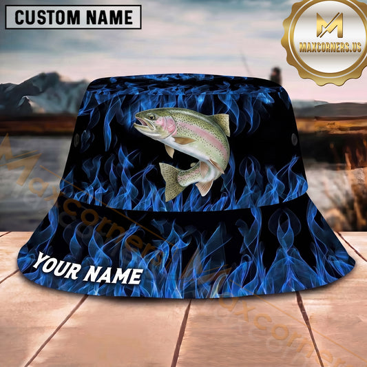 Maxcorners Fishing Blue Flame Personalized 3D Bucket Hat (12 Fish Species)