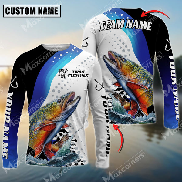 Maxcorner Trout Fishing Sun Protection Jersey Blue Camo Pattern Personalized Name And Team Name Long Sweat Shirt