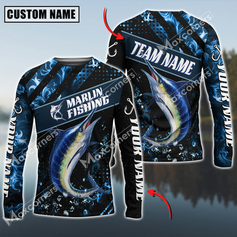 Maxcorner Marlin Fishing Sun Protection Blue Smoke Pattern Personalized Name And Team Name Long Sweat Shirt