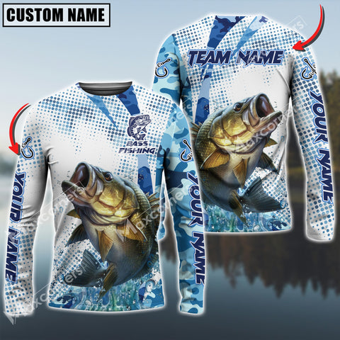 Maxcorner Bass Fishing Sun Protection Blue Sea Camo Pattern Personalized Name And Team Name Long Sweat Shirt