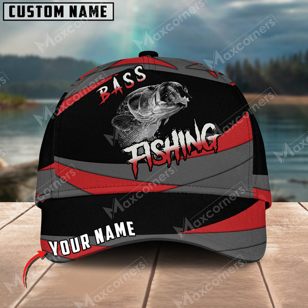 Maxcorners Bass Fishing Red Gray Spinning Pattern Personalized Name Metal Pattern 3D Classic Cap