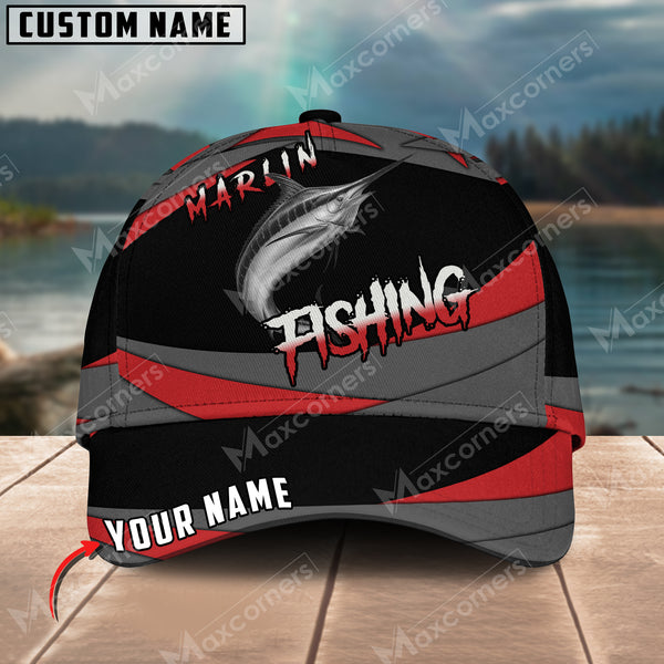 Maxcorners Marlin Fishing Red Gray Spinning Pattern Personalized Name Metal Pattern 3D Classic Cap