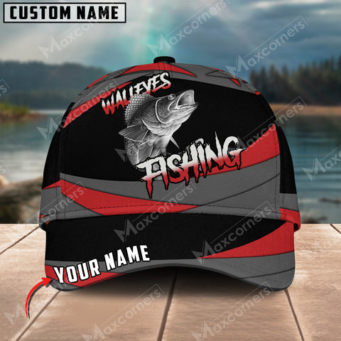 Maxcorners Walleye Fishing Red Gray Spinning Pattern Personalized Name Metal Pattern 3D Classic Cap