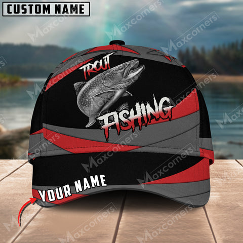 Maxcorners Trout Fishing Red Gray Spinning Pattern Personalized Name Metal Pattern 3D Classic Cap