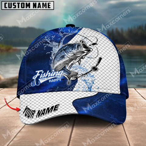 Maxcorners Bass Fishing Dark Blue Pattern Personalized Name Metal Pattern 3D Classic Cap