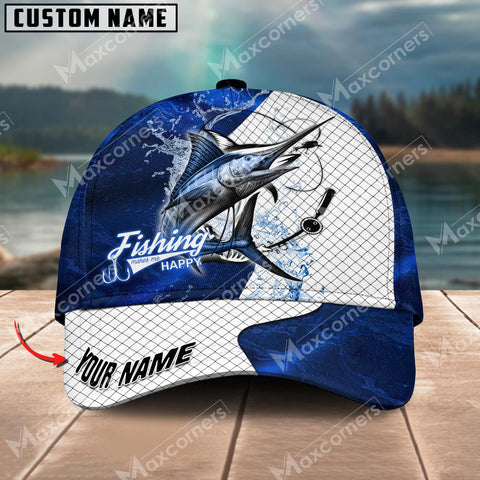 Maxcorners Marlin Fishing Dark Blue Pattern Personalized Name Metal Pattern 3D Classic Cap