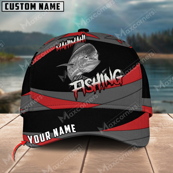 Maxcorners mahi-Mahi Fishing Red Gray Spinning Pattern Personalized Name Metal Pattern 3D Classic Cap