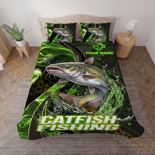 Maxcorners Fishing Green Water Splash Personalized Name Unisex 3D Bedding Set