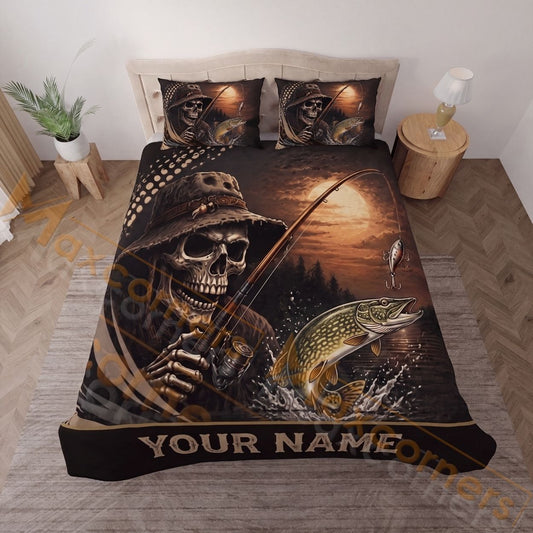 Maxcorners Fishing Skull Fisherman Sunset Personalized Name Unisex 3D Bedding Set