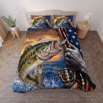 Maxcorners Fishing American Flag Camouflage Personalized Name Unisex 3D Bedding Set