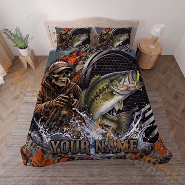 Maxcorners Fishing Skull Angler Blue Water Splash Personalized Name Unisex 3D Bedding Set