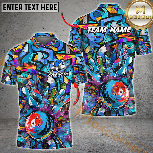 Maxcorner Bowling Ball & Pins Graffiti Colorful Multicolor Option Customized Name 3D Shirt (4 Colors)