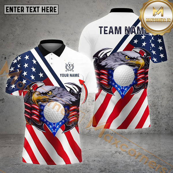 Maxcorners Golf Premium Eagle  American Flag Customized Name, Team Name 3D Polo Shirt