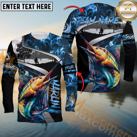 Maxcorners Marlin Fishing Blue Smoke Fisher Pattern Personalized Name, Team Name 3D Shirts