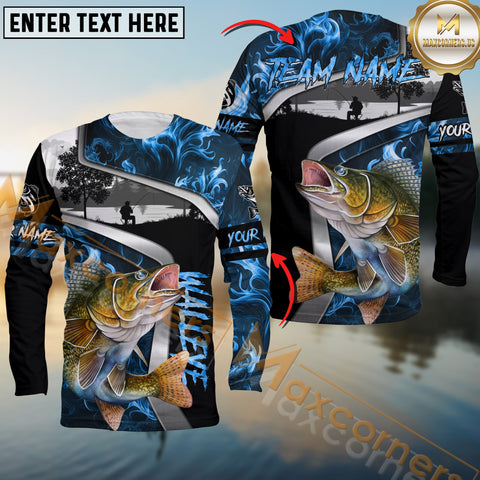 Maxcorners Walleye Fishing Blue Smoke Fisher Pattern Personalized Name, Team Name 3D Shirts