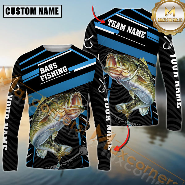 Maxcorners Bass Fishing Blue Jersey Sport Pattern Personalized Name, Team Name 3D Shirts