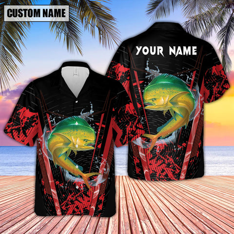 Maxcorners Mahi-mahi Fishing Red Smoke Pattern Sport Jersey Personalized Name Hawaiian Shirt