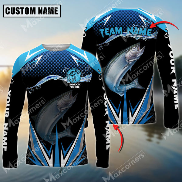 Maxcorner Chinook Fishing Jersey  Blue Wave Pattern Personalized Name And Team Name Long Sweat Shirt