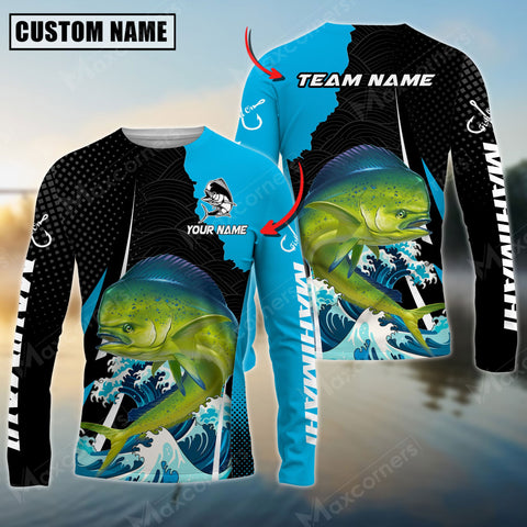 Maxcorner Mahi-Mahi Fishing Wave Pattern Personalized Name And Team Name Long Sweat Shirt