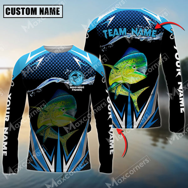 Maxcorner Mahi-Mahi Fishing Jersey Blue Wave Pattern Personalized Name And Team Name Long Sweat Shirt